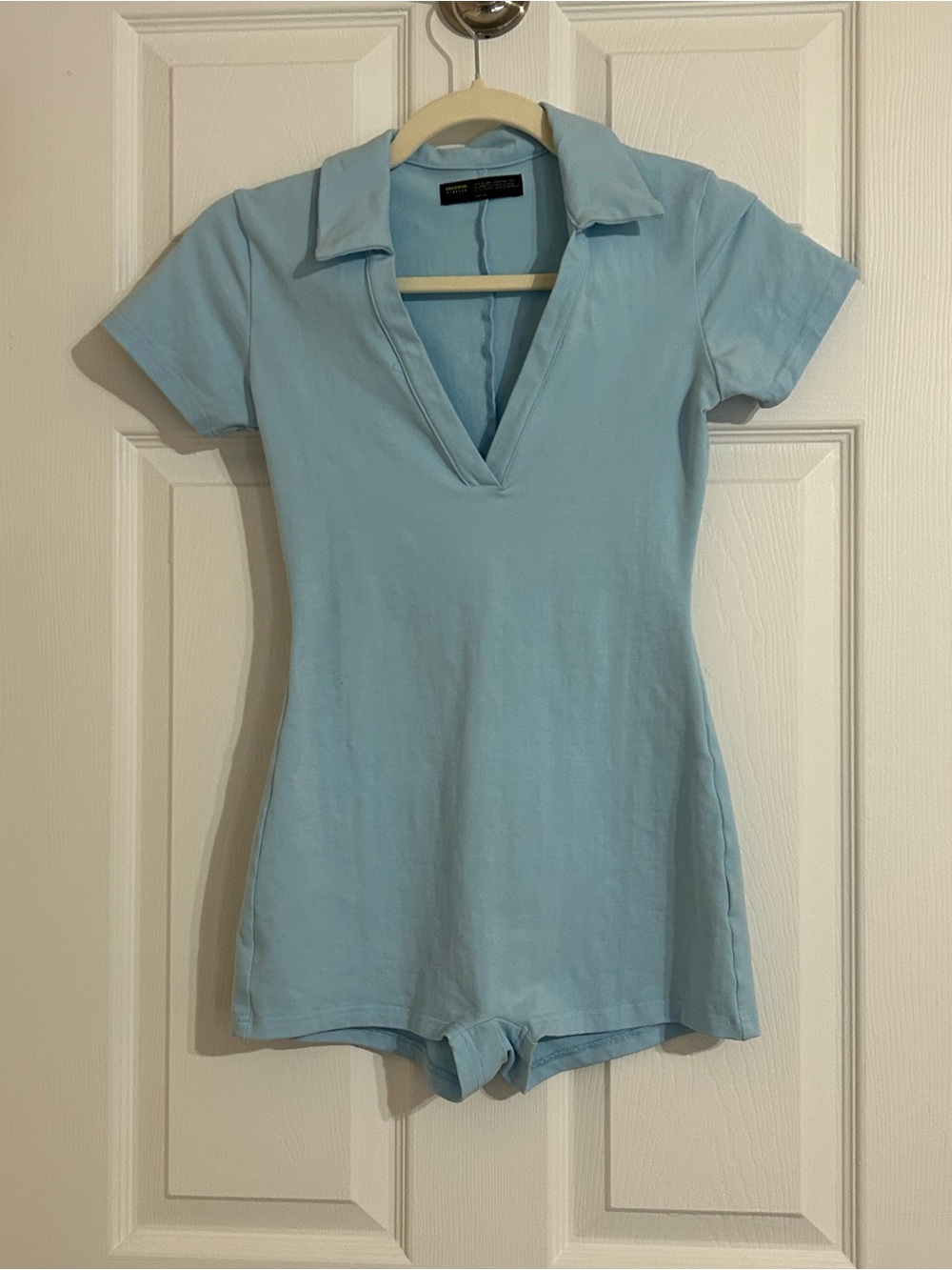Finesse Light Blue Collared V-Neck Bodysuit Romper